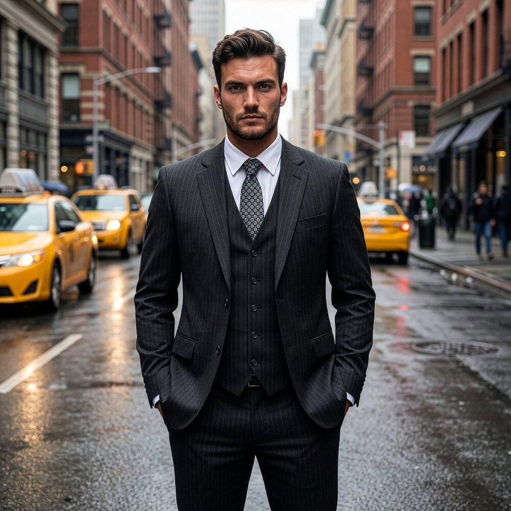 New 2026 Mens 3pc Pinstripe Dark Grey Suit Set, Hybrid Fit